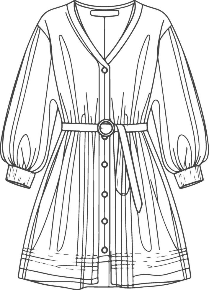 Fashion illustration, technical drawing, women's dress, v-neck, button-front, puff sleeves, belted waist, A-line skirt, vintage style, black and white line art. vector