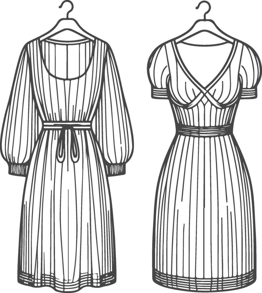 Fashion illustration, two elegant dresses, black and white sketch, line drawing, vintage style. vector