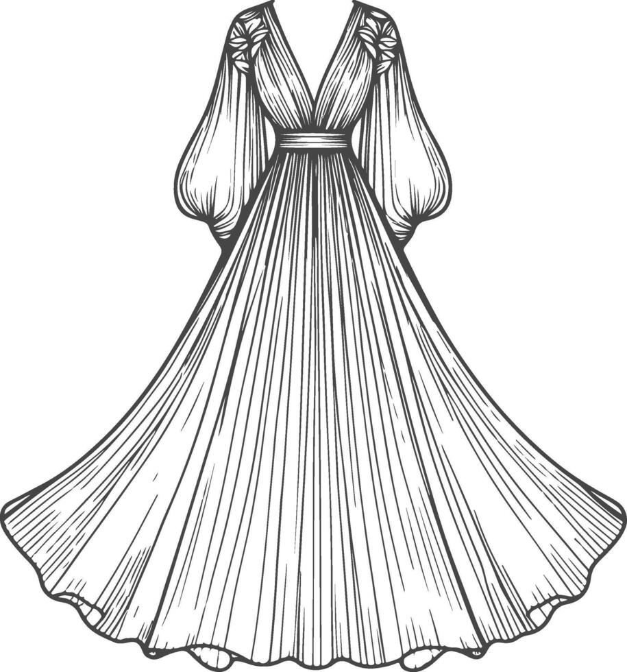 Elegant flowing gown deep V neckline empire waist long puffy sleeves intricate shoulder details vector
