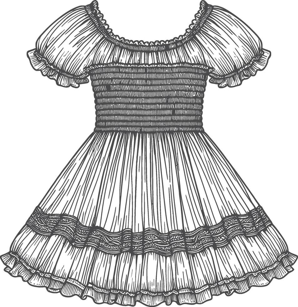 Smocked peplum top elastic gatherings sleeve smocking detail fashion t shirt blouse top flat sketch technical drawing template vector
