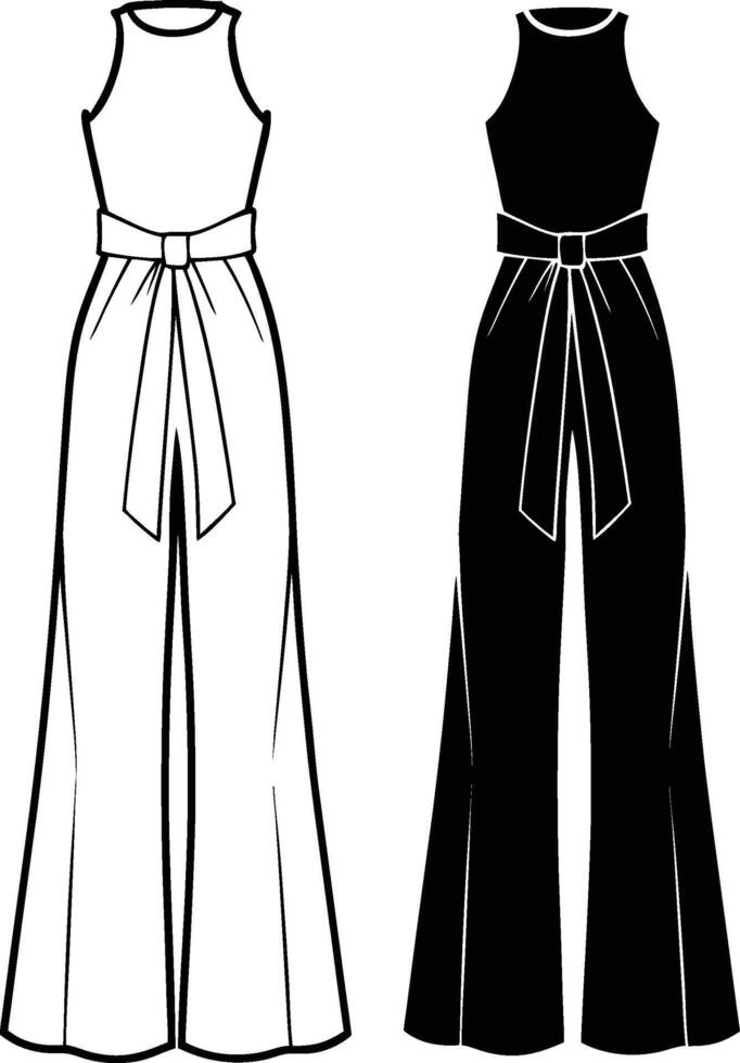 Flare Wide legs Low V Neck. vector