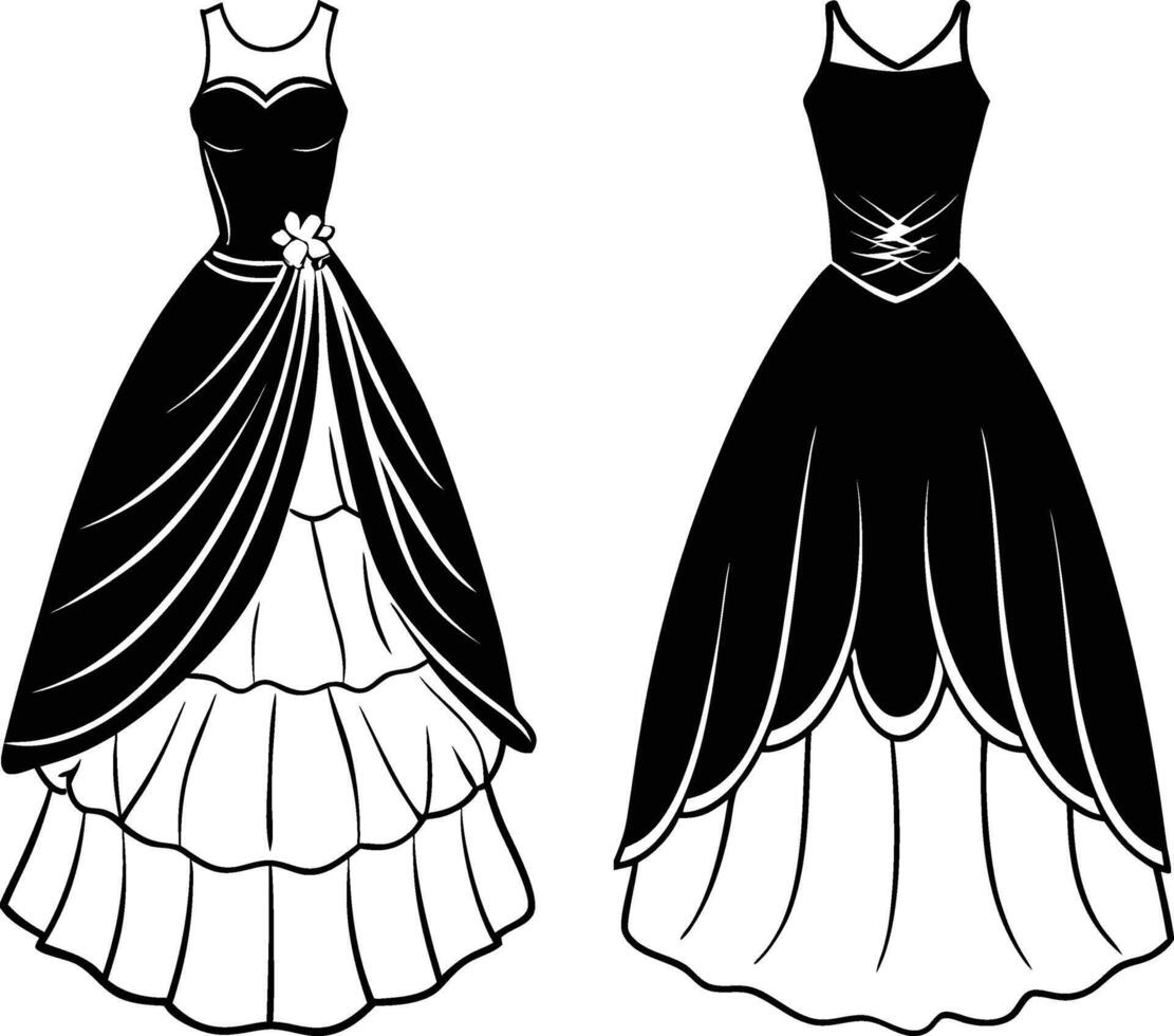 Elegant black and white gowns, sleeveless evening dresses vector
