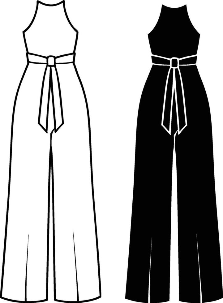 Sleek jumpsuit design, high neck halter top, wide-leg pants, belted waist with bow tie, elegant silhouette, vector