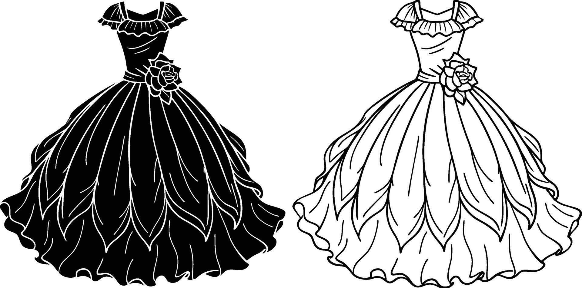 black and white contrast, fashion illustration, graphic style, detailed linework, regal dress design vector