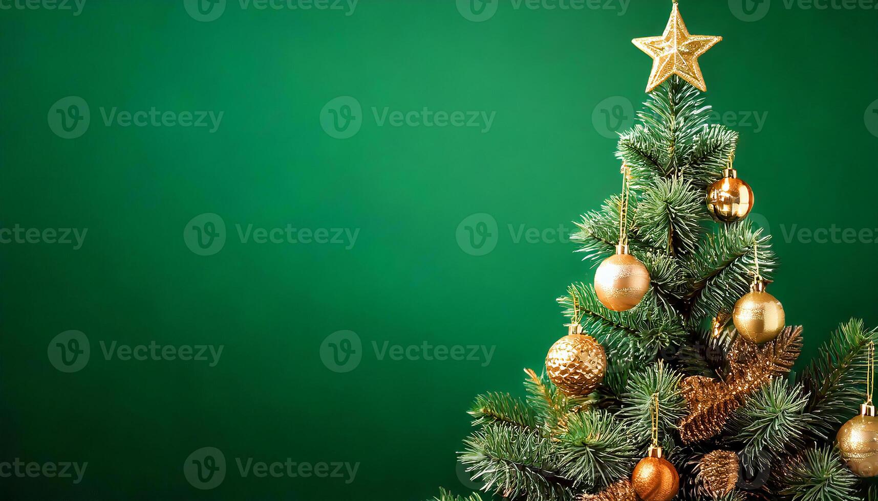 Decorated with ornaments and lights Christmas tree on dark green background. Merry Christmas and Happy Holidays greeting card, frame, banner. New Year. Copy space. Winter holiday theme. photo
