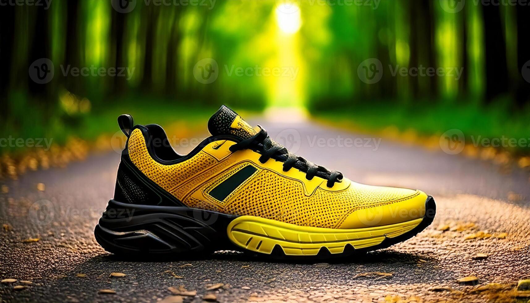 Stylish yellow and black sneaker on a path with trees, enhancing the copy space. Men's hiking shoe isolated on yellow background. Side view active lifestyle men's sneakers. photo