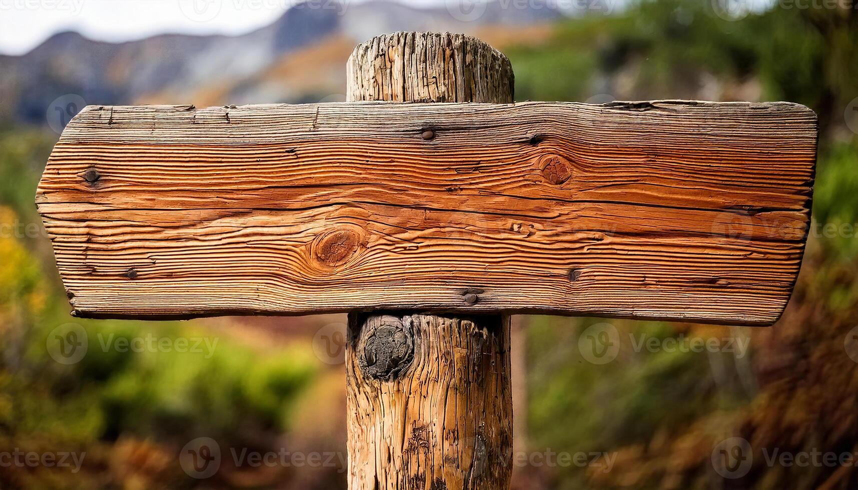A wooden signpost for hiking trails, leaving space for added text and design, front view. Wooden hiking trail sign arrow with direction on a wooden sign post in woods or mountains. photo