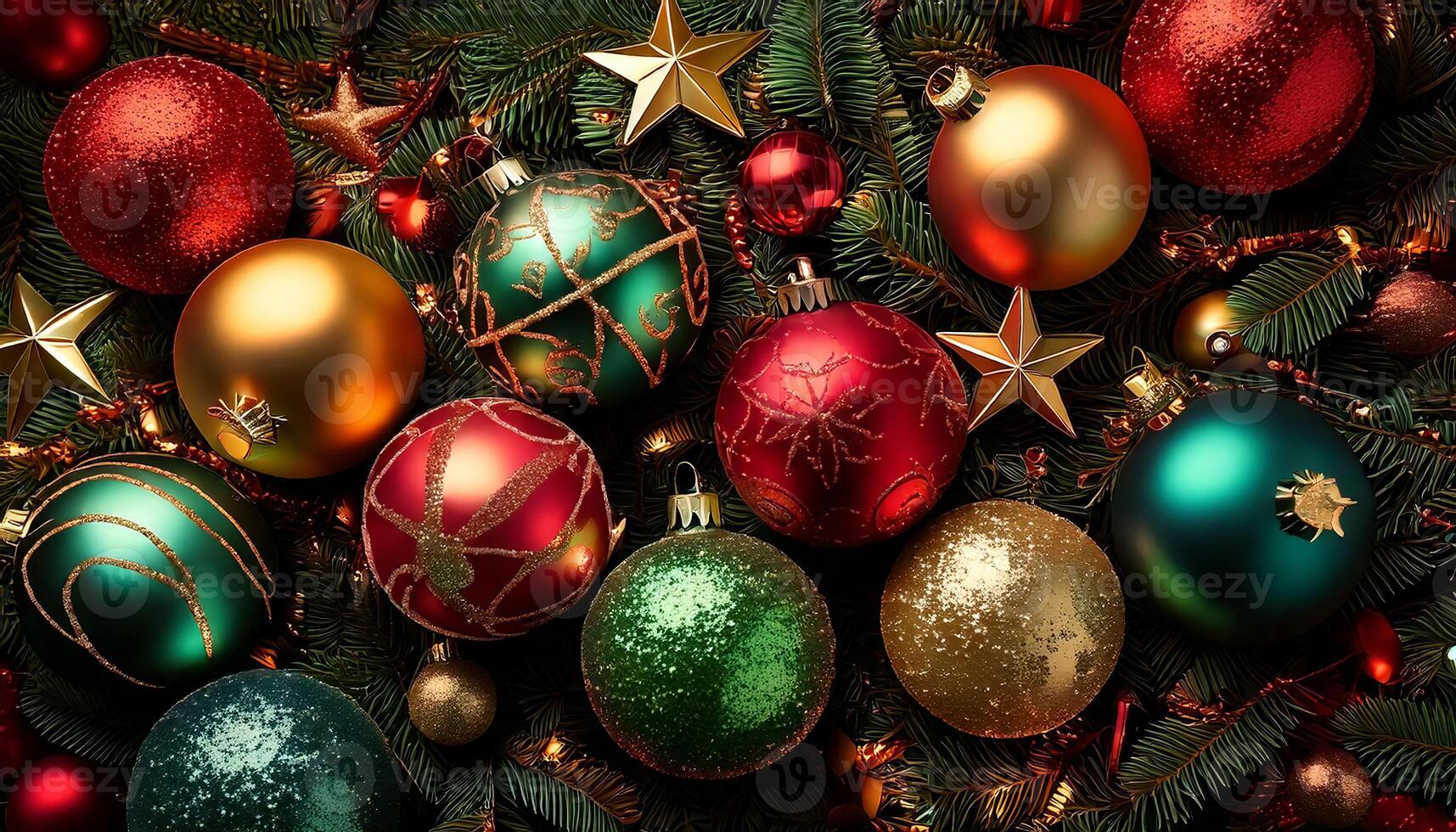 Colorful collection of Christmas balls useful as a background pattern. Christmas greeting card composition. Flat lay, top view. photo