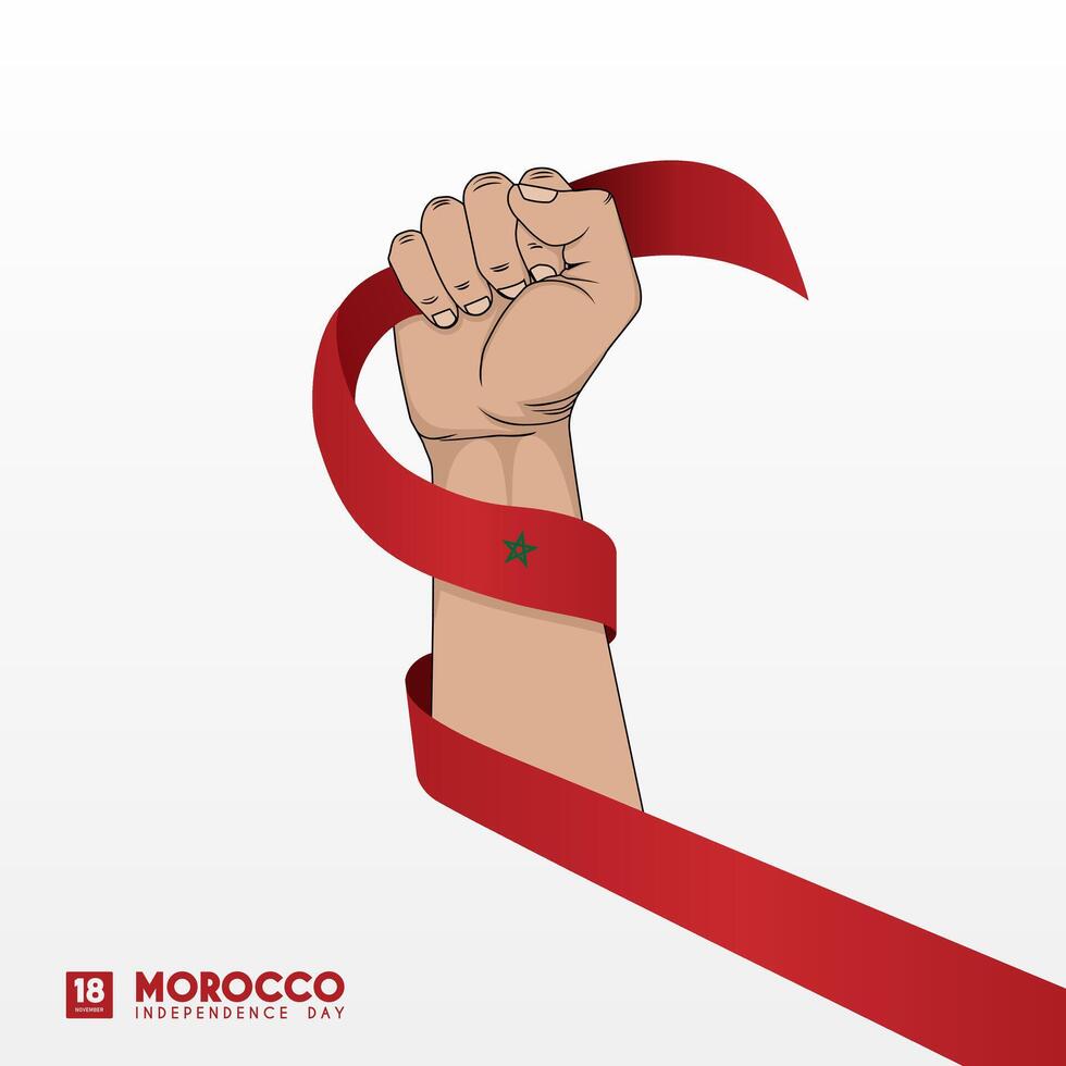 Morocco independence day with hand design holding red ribbon and green star vector