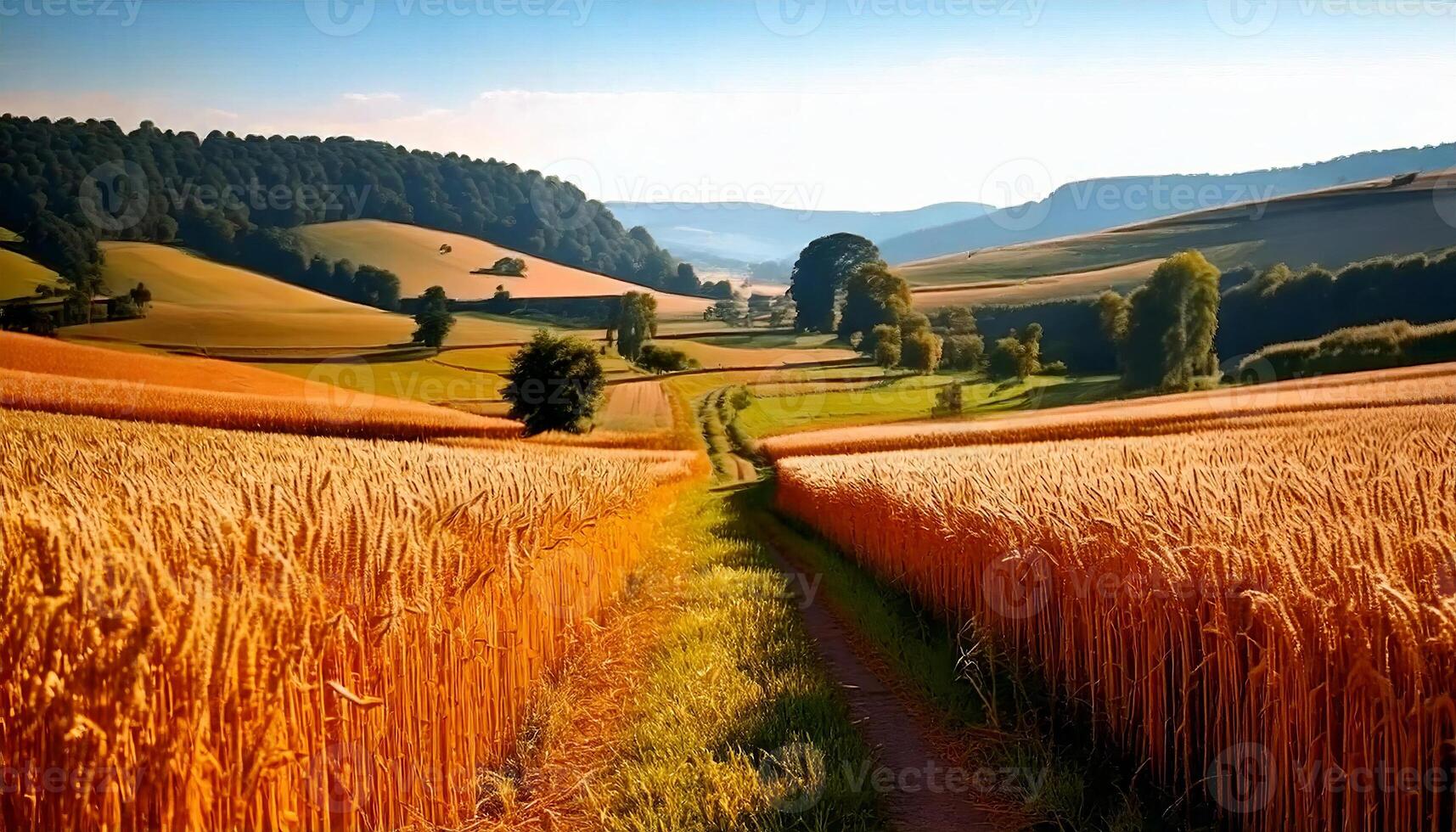 Rural landscape with a path through a golden field framed by wheat and mountains. Landscape of a field of grain covered by blue sky and minor clouds at golden hour sunset. photo