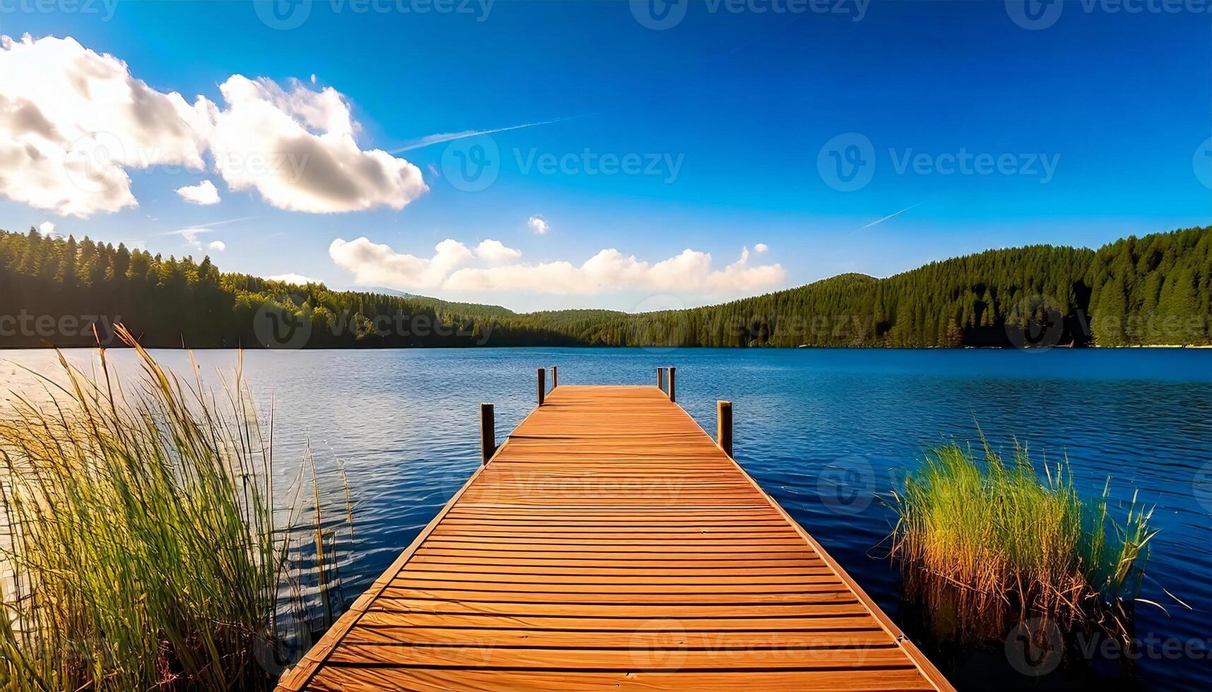 Wooden pier on a summer lake shore, creating a peaceful scene with copy space. Wooden terrace mole or pier. Wooden dock, blue lake and sky background. View of wooden bridge above smooth water. photo