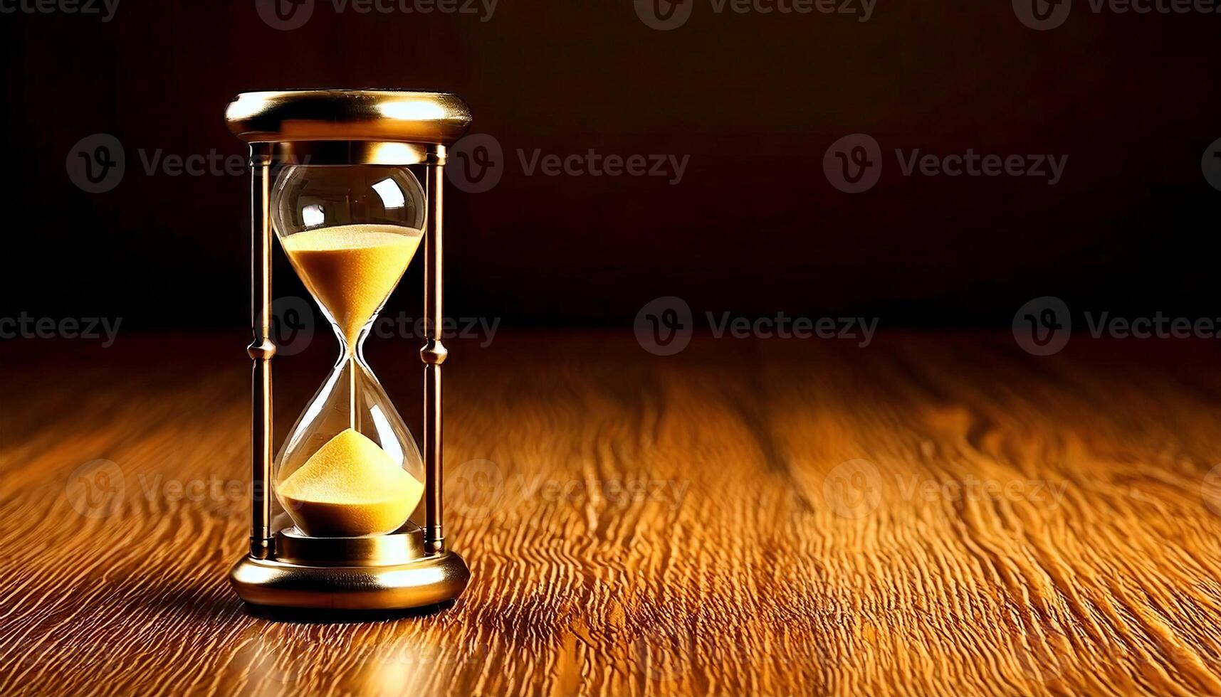 Hourglass with flowing sand on wooden table against dark background, space for text. An hourglass on a wooden surface depicting the passage of time with space for messages or creative ideas. photo