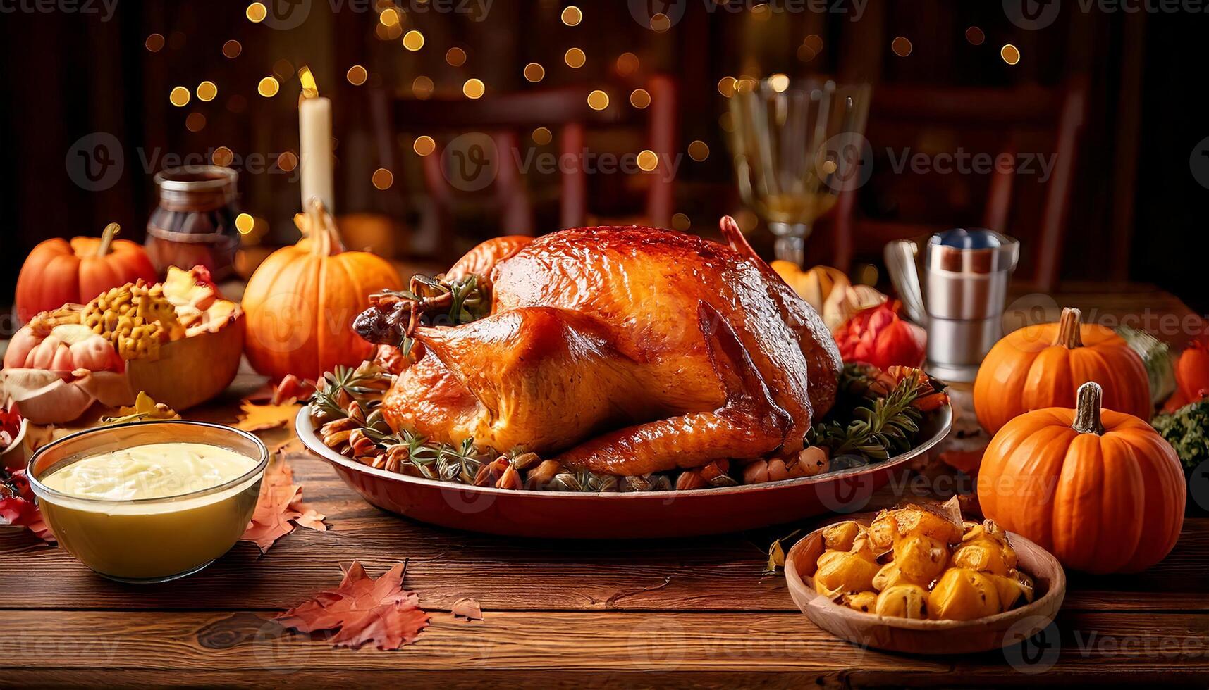 Roasted turkey garnished on a rustic style table decorated with pumpkins, gourds, baked vegetables, pie, flowers, and candles. Close up of turkey on the holiday dinner prepared for Thanksgiving Day photo