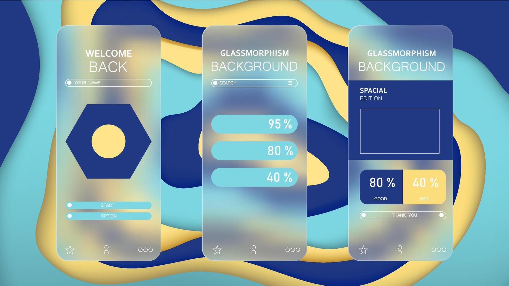 A set of three different mobile phone screens with different colors vector
