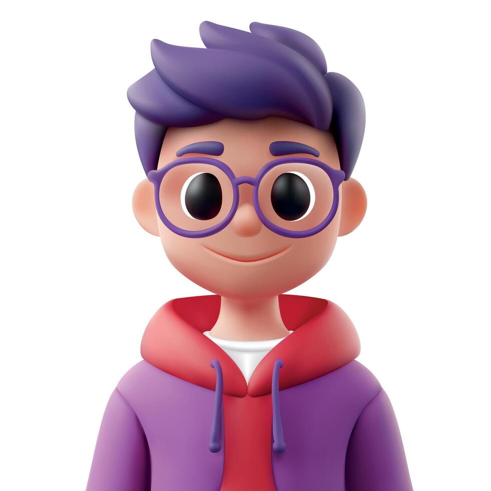3D Cartoon Character with Glasses and Hoodie on White Background vector