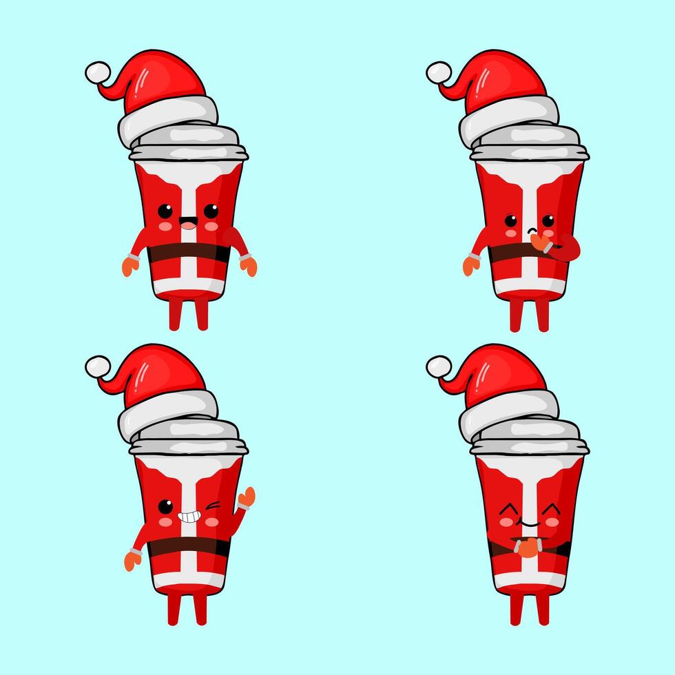 A cheerful paper cup cartoon character wearing a Santa hat, waving and smiling. Perfect for Christmas and winter-themed designs.Print vector