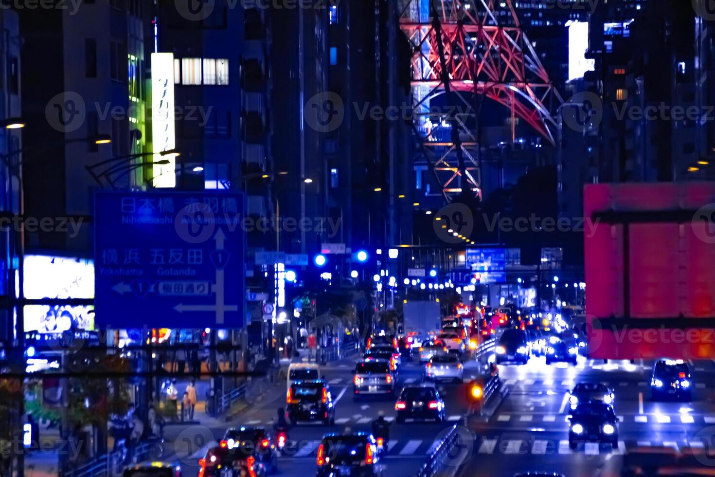 A night urban city street near Tokyo tower in Tokyo long shot photo