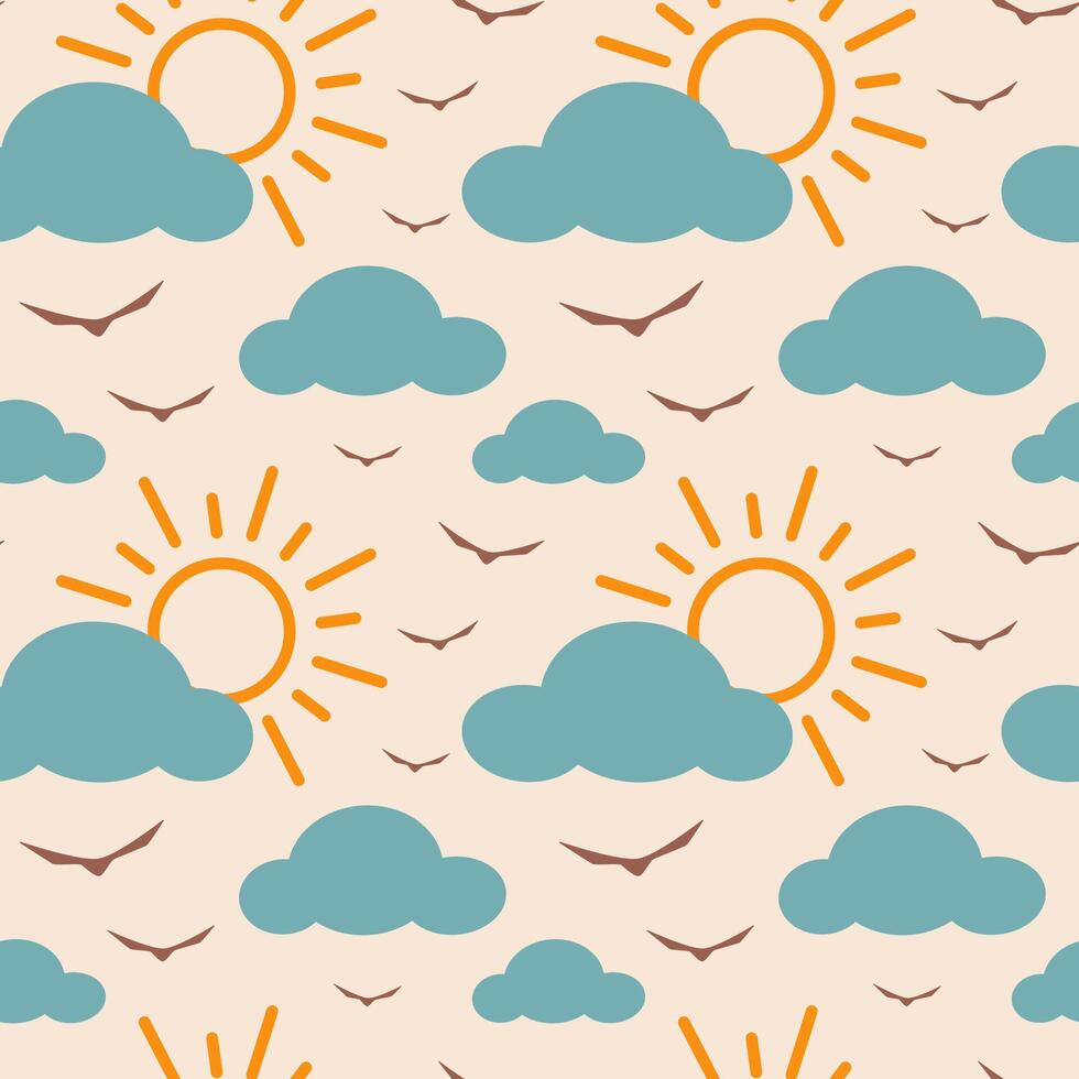 Retro seamless pattern with birds, sun and clouds. Illustration of sky. Vintage background nature and animals. vector