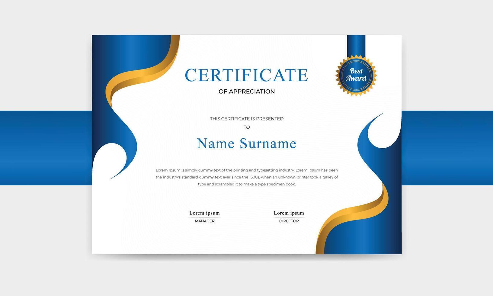 Professional Certificate Template of Achievement, Blue and Gold Diploma with Ornamental Frame, Badge, and Corporate Border. vector