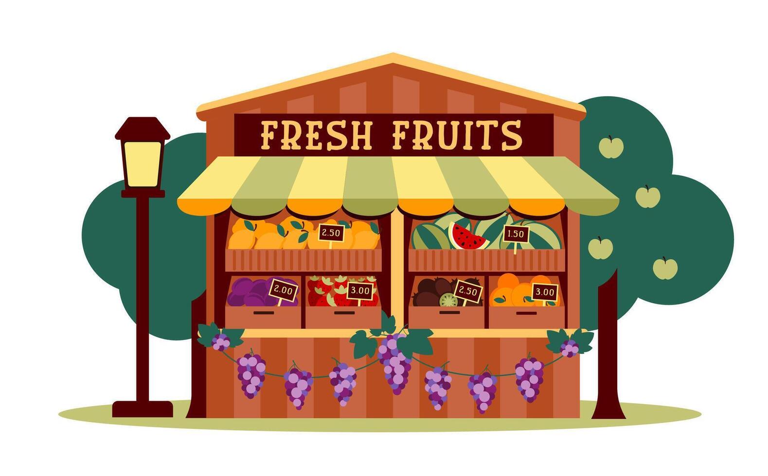Eco Mini Market Fruit Stall Illustration, Flat Style with Pricing for Grapes, Oranges, Apples vector