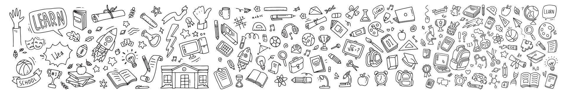 Huge set of Back to school supplies doodle. illustration in line vector