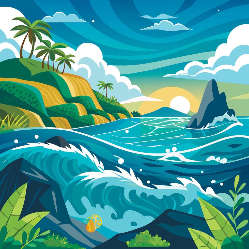 Tropical island landscape with waves and palm trees vector