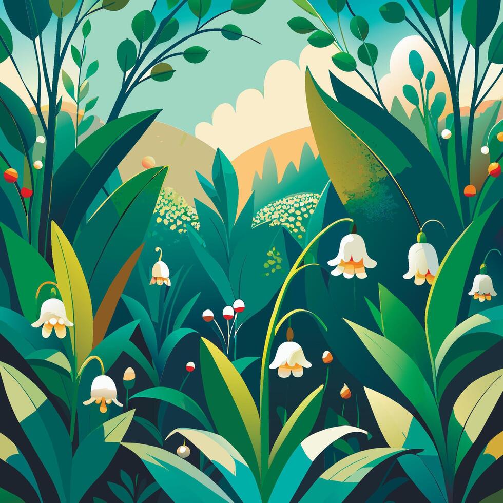 A painting of a forest with flowers and trees vector