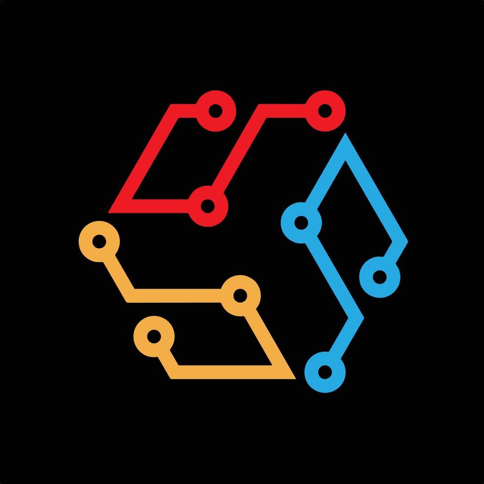 Blue and Red Yellow Modern Hexagon Circuit Technology Logo. vector