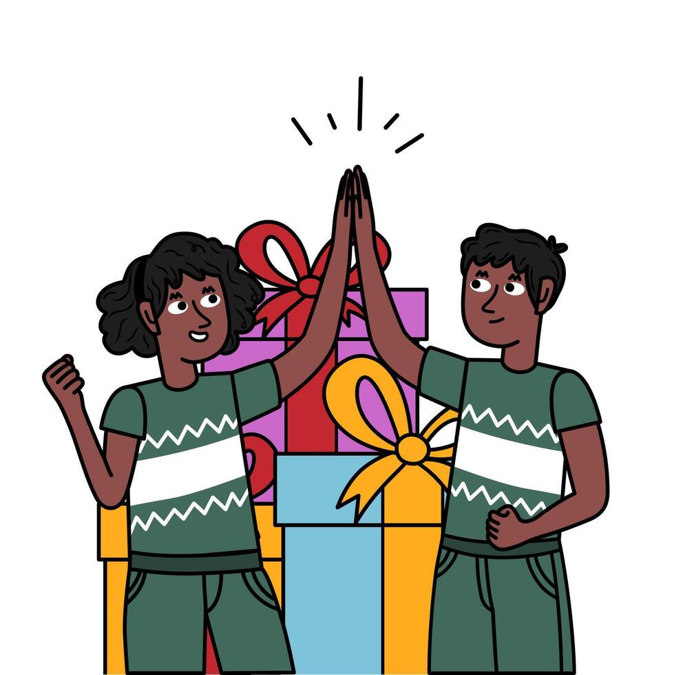 Happy black children with Christmas sweaters and lots of presents. vector