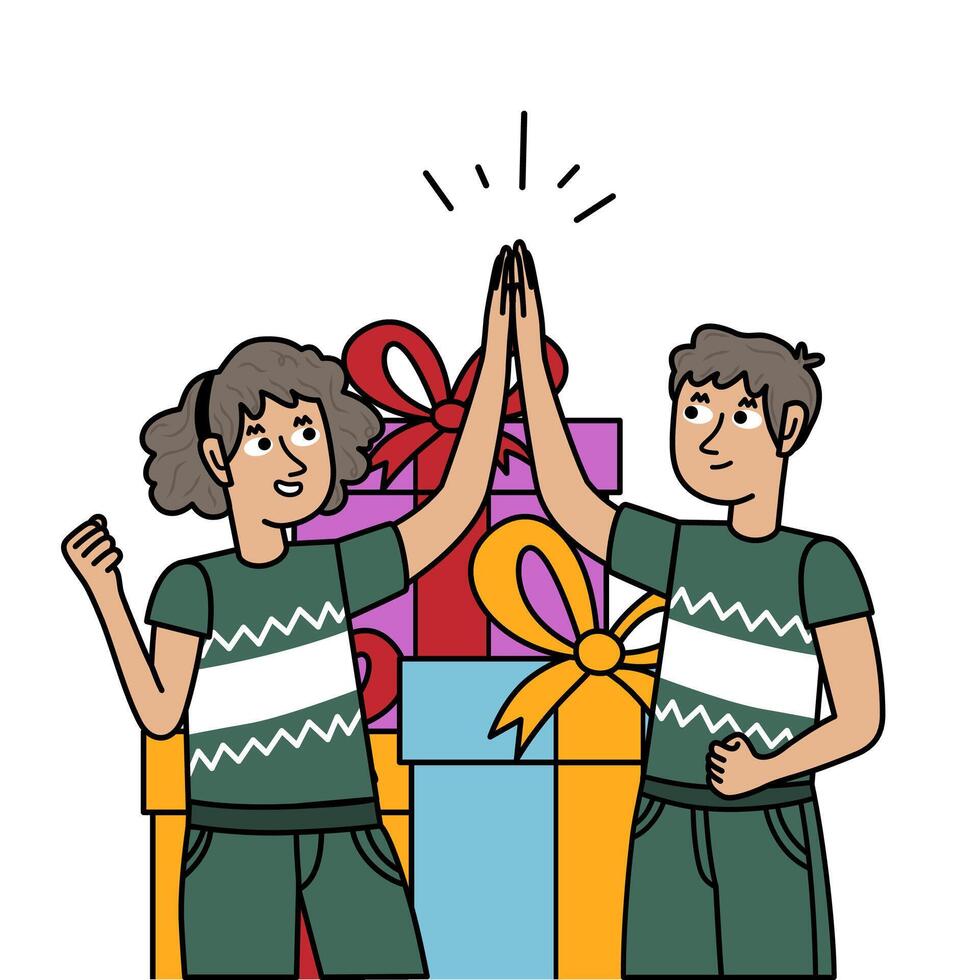 Happy children with Christmas sweaters and lots of presents vector