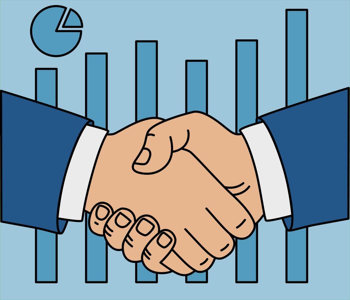 Businessmen shaking hands, business illustration with graph in background, closing deal vector