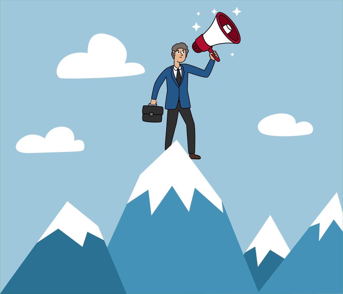 businessman on top of mountain, business illustration, businessman with megaphone vector