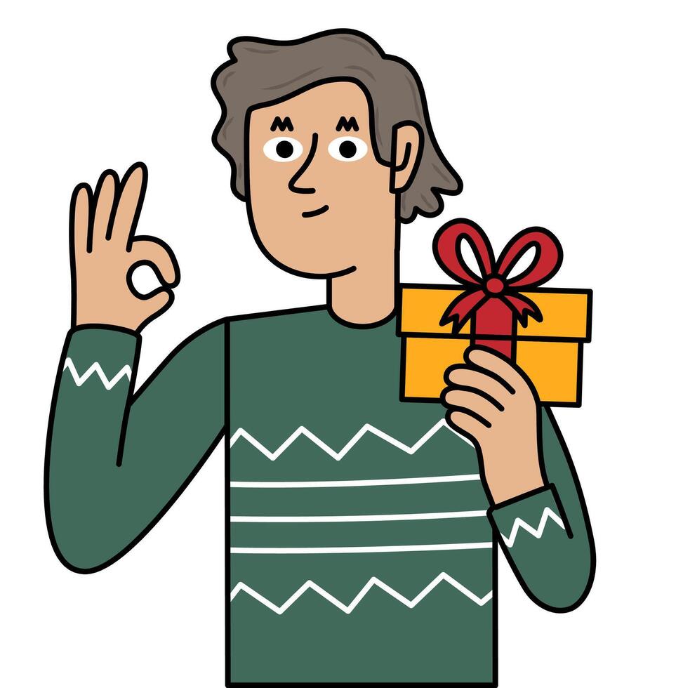 Man holding a gift and making a ok gesture vector
