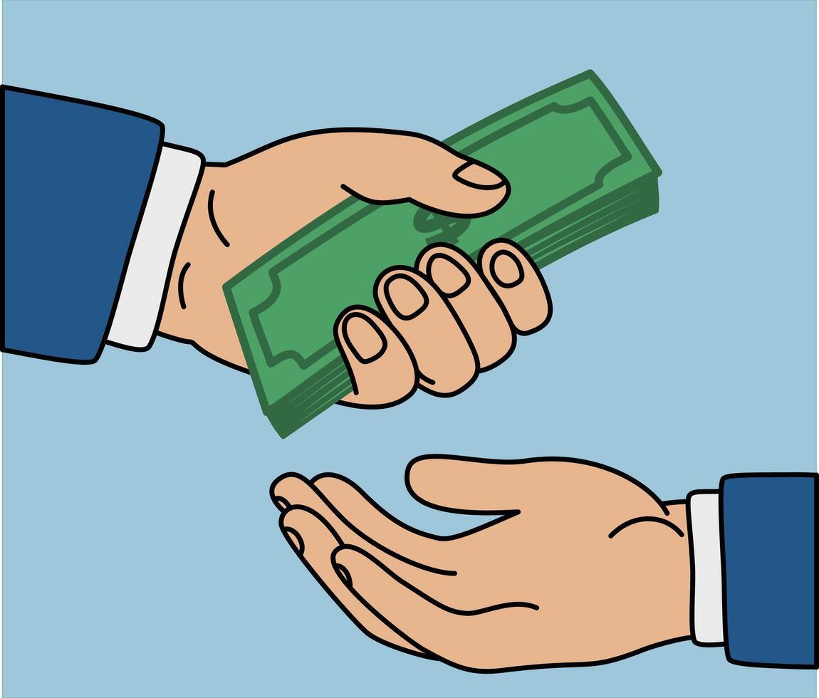 Businessmen hands handing over money, corporate illustration of payment for achievements, businessman investing money in business vector