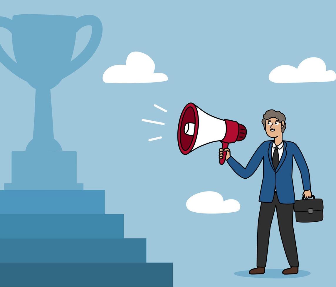 businessman with megaphone, business illustration, achievement of goals and objectives vector