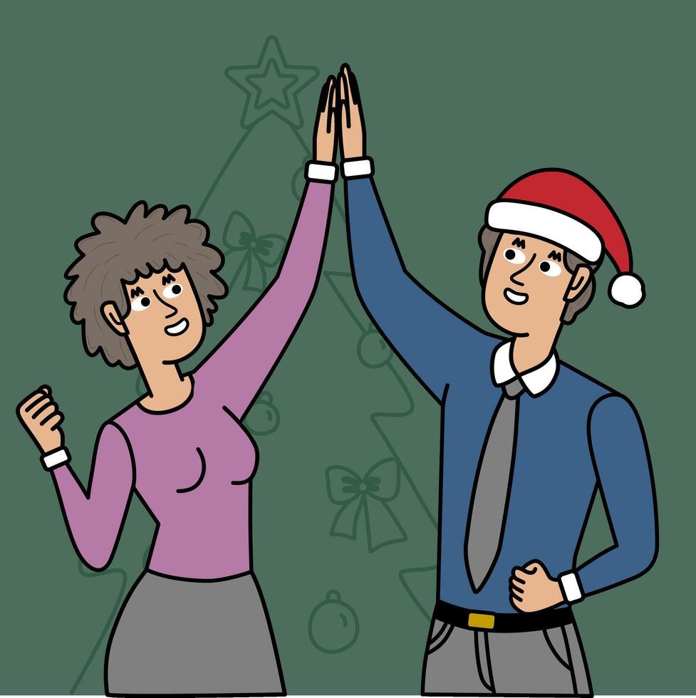Happy coworkers shaking hands, Christmas tree vector