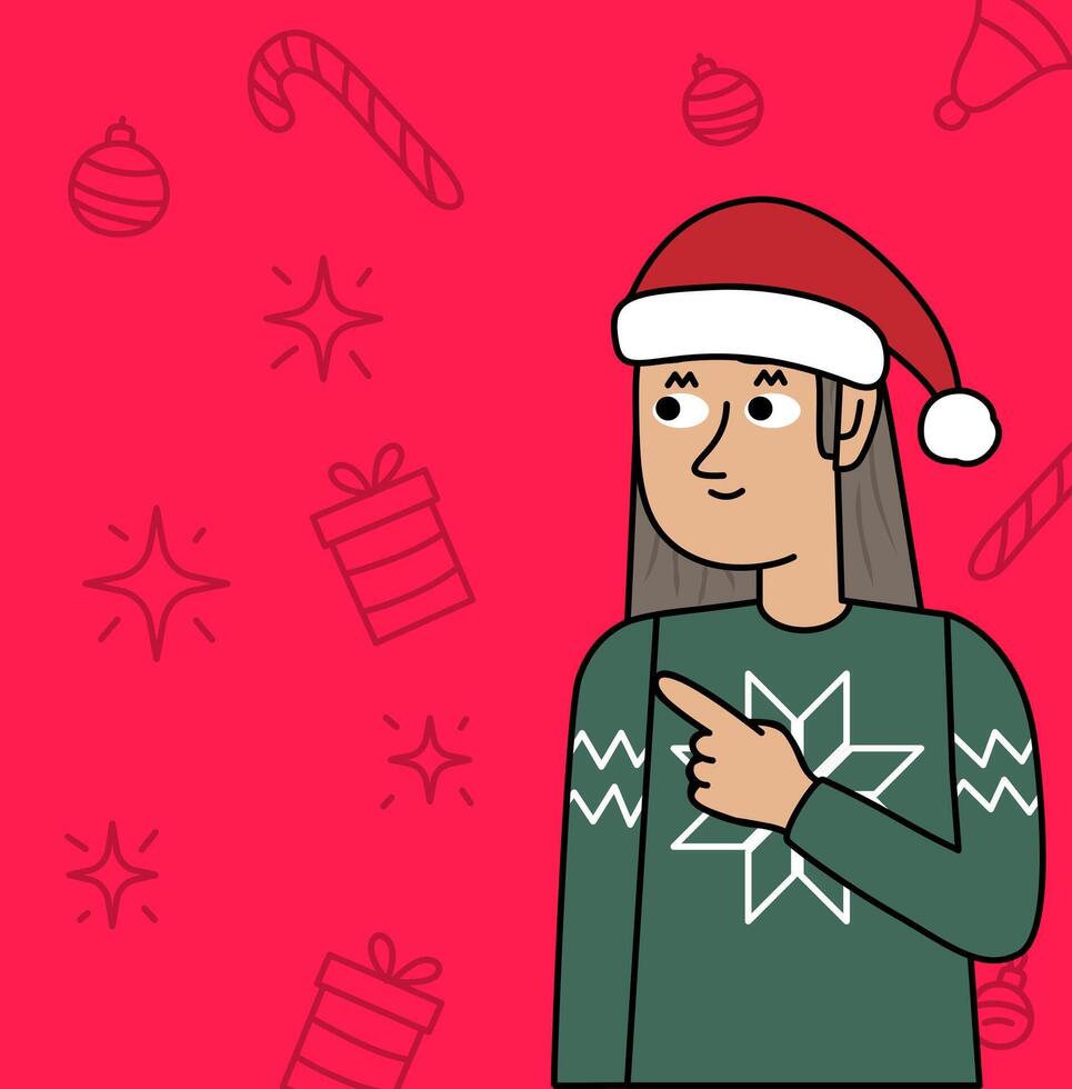 little girl in a Christmas sweater pointing with her finger vector