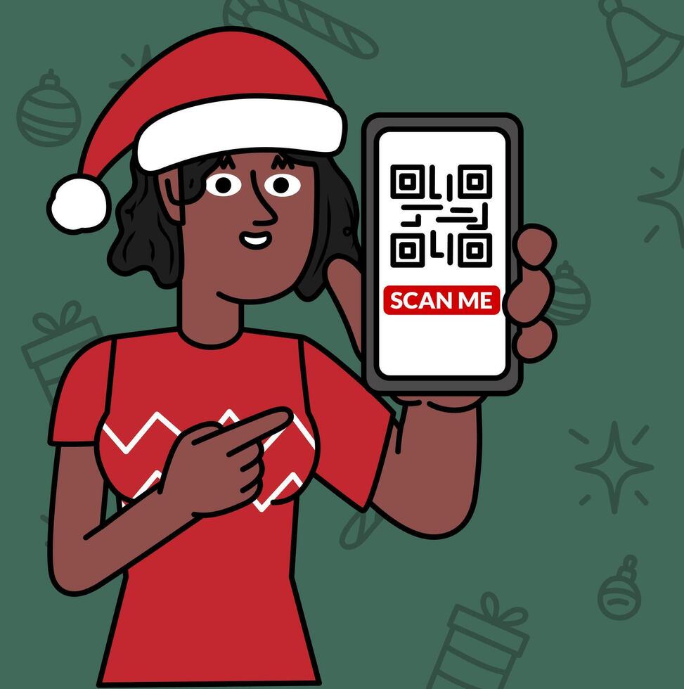Mujer negra joven sonriente con sombrero de Navidad mostrando QR vector