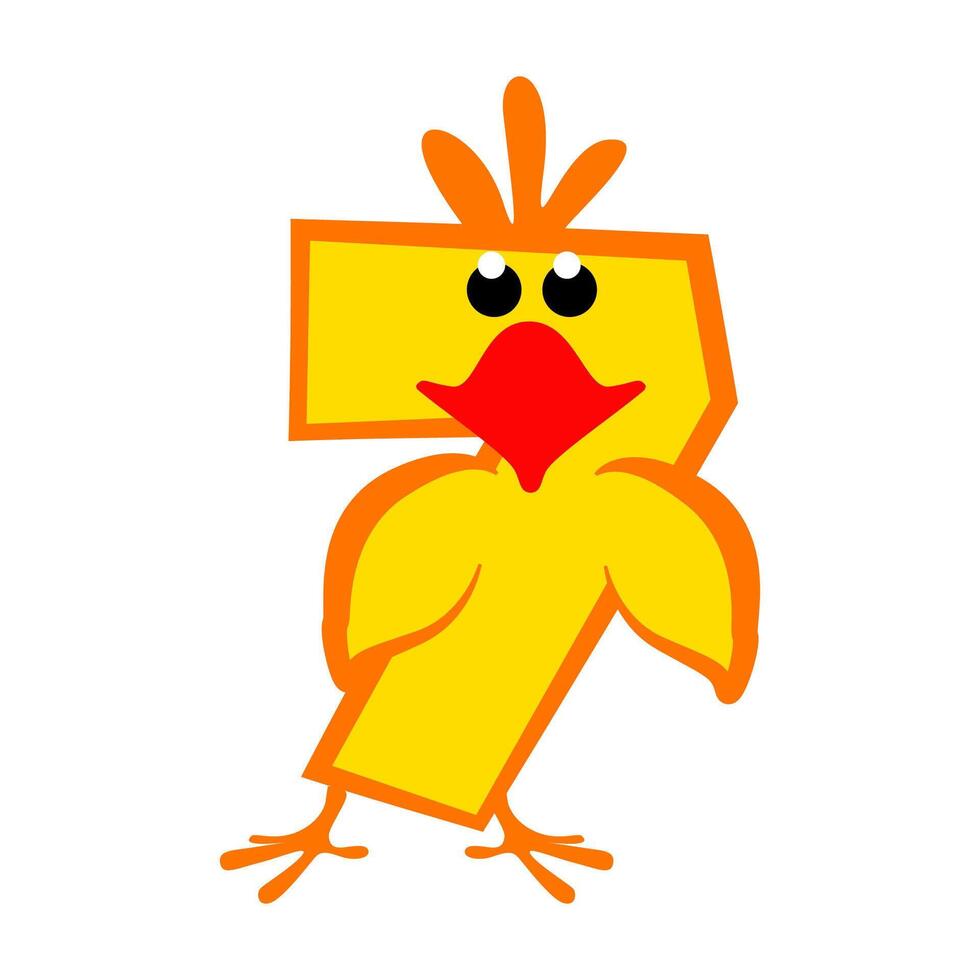 Cartoon number 7 like yellow chicken, figure Seven. Calligraphy, lettering, typography for your Education cards or game. Cute sticker vector