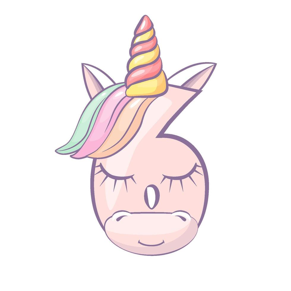 Cartoon number 6 like Unicorn, figure Six. Cartoon of number with a animal concept. Calligraphy, lettering, typography for your Education cards, greeting cards or game vector