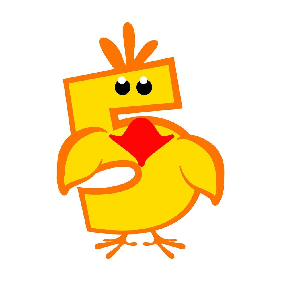 Cartoon number 5 like yellow chicken, figure Five. Calligraphy, lettering, typography for your Education cards or game. Cute sticker vector