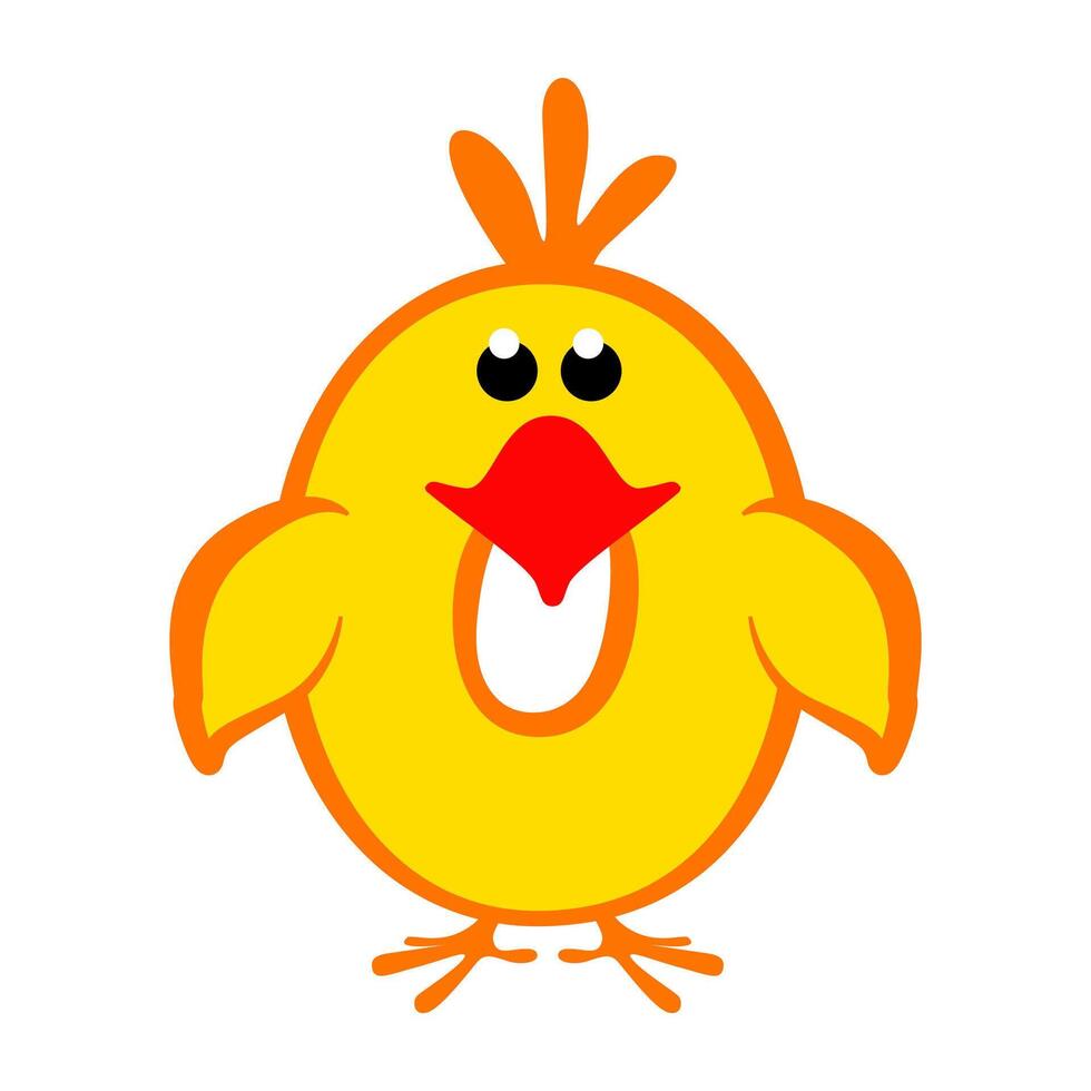 Cartoon number 0 like yellow chicken, figure Zero. Cartoon of number with a animal concept. Calligraphy, lettering, typography for your Education cards or game vector