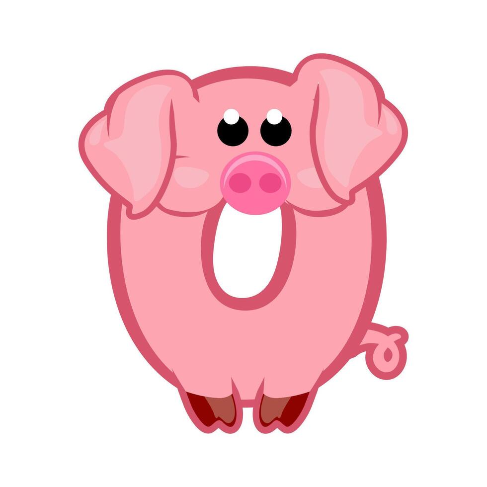 Cartoon number 0 like pink pig, figure Zero. Cartoon of number with a animal concept. Calligraphy, lettering, typography for your Education cards or game vector