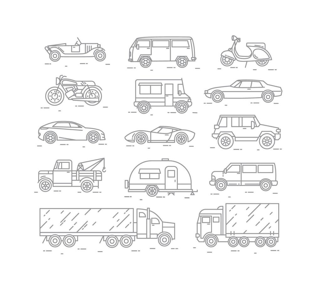 Set of transport icons in flat style car, moto, truck, scooter drawing with gray lines on white background vector