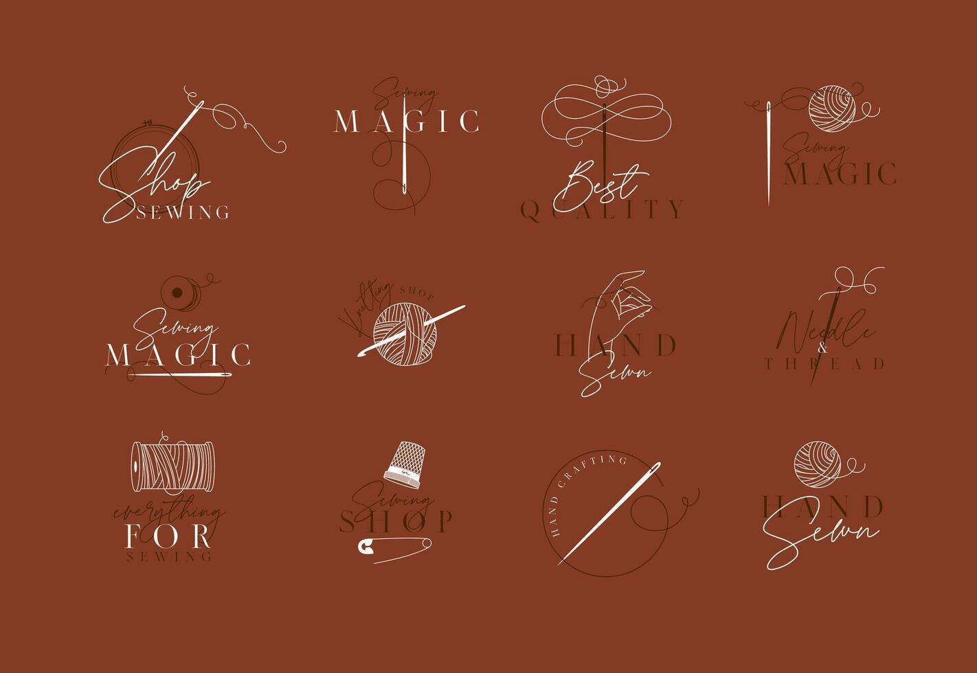 Sewing and knitting labels with lettering drawing in a classic sophisticated style terracotta color vector