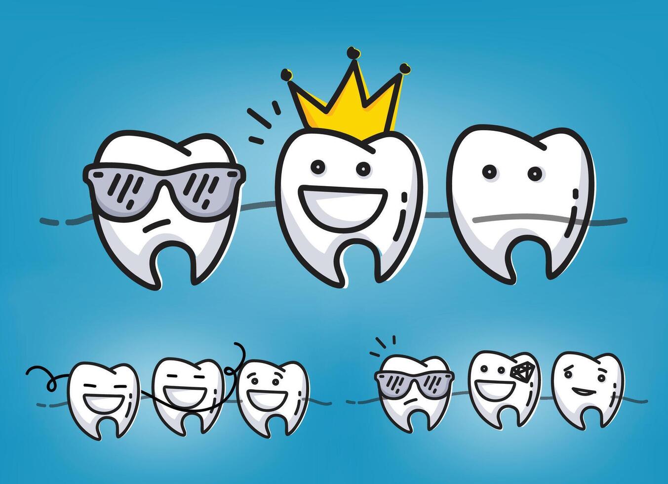 Set of small funny teeth characters scenes, drawing on light blue background. vector