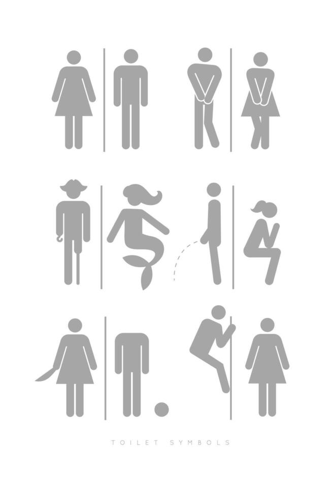 Set of toilet male and female symbols, in different funny, comic forms. Drawing in silhouettes, gray color. vector