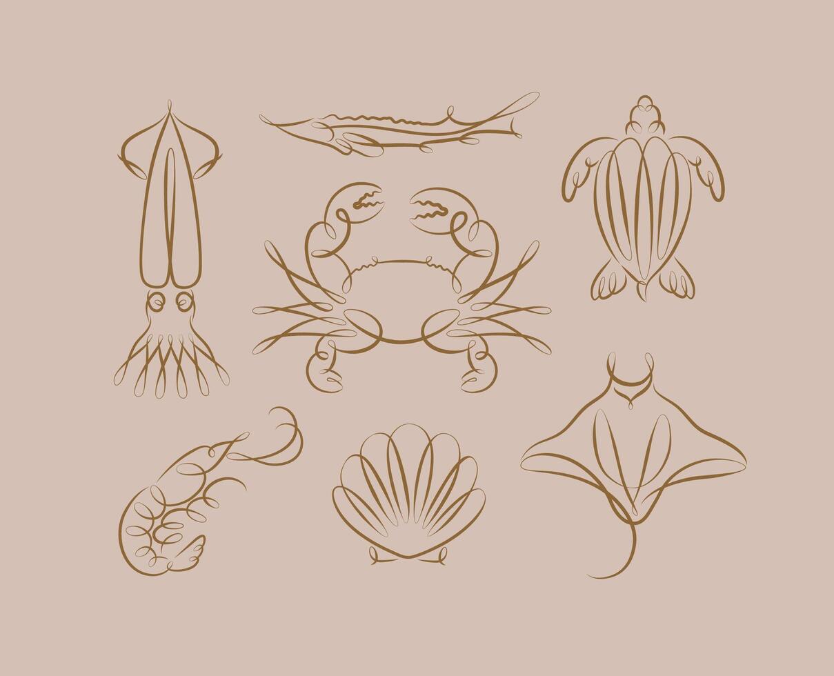 Filigree swirl sea and ocean creatures squid, fish, crab, turtle, shrimp, stingray, shell, scallop drawing on brown background vector