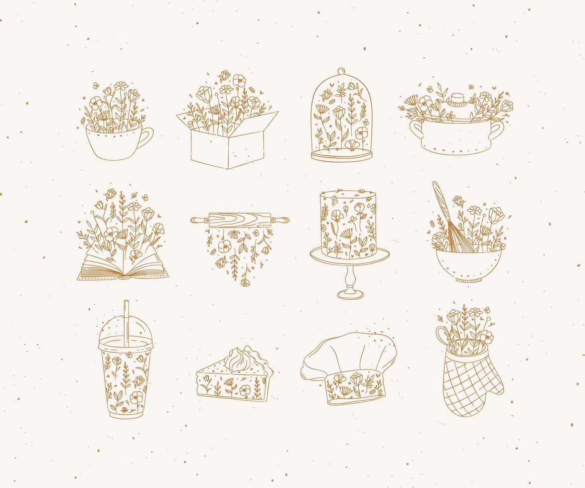 Sweets cooking appliances with flowers in hand drawing style on beige background vector