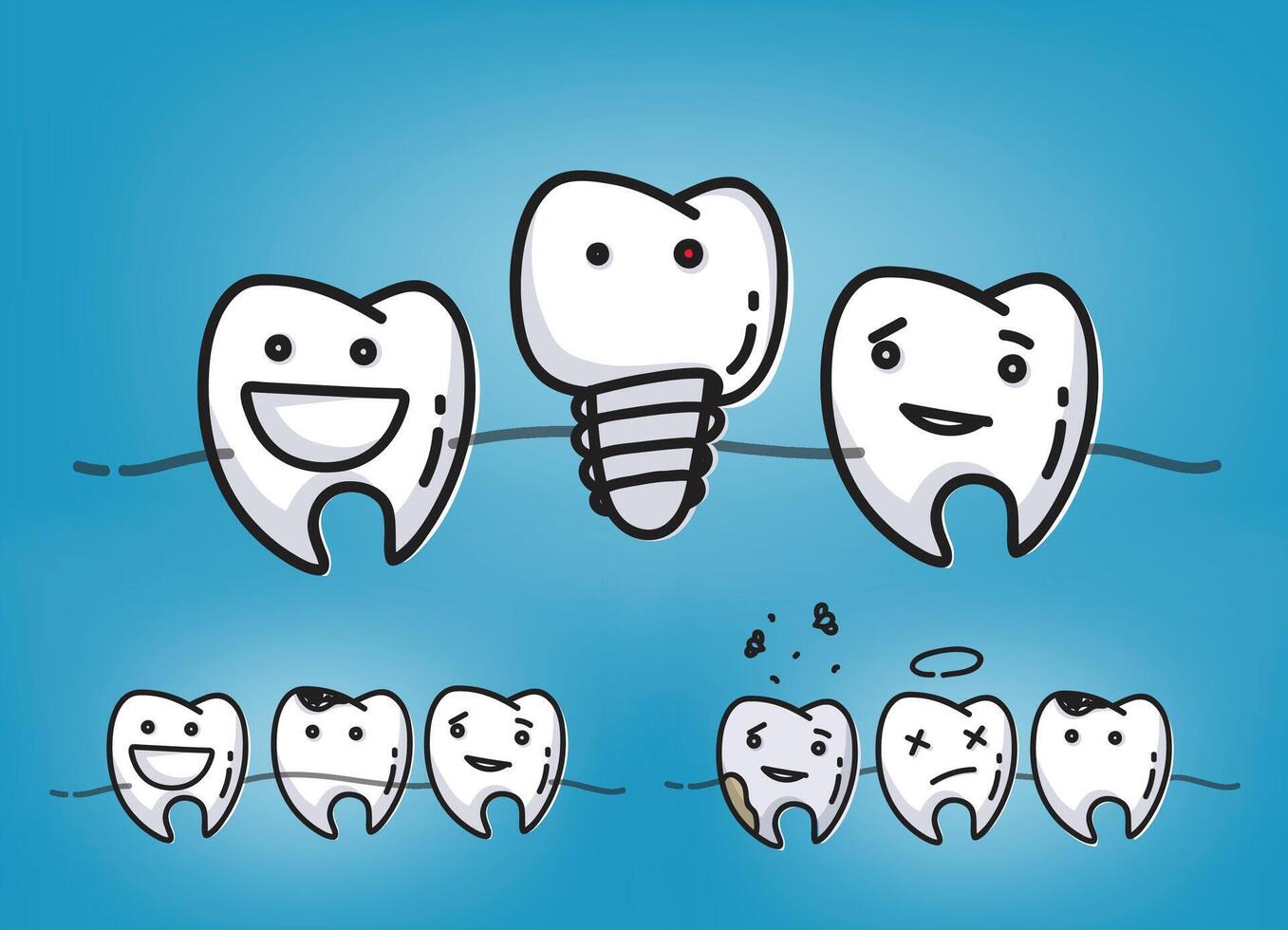 Set of small comic teeth characters scenes, drawing on cool blue background. vector